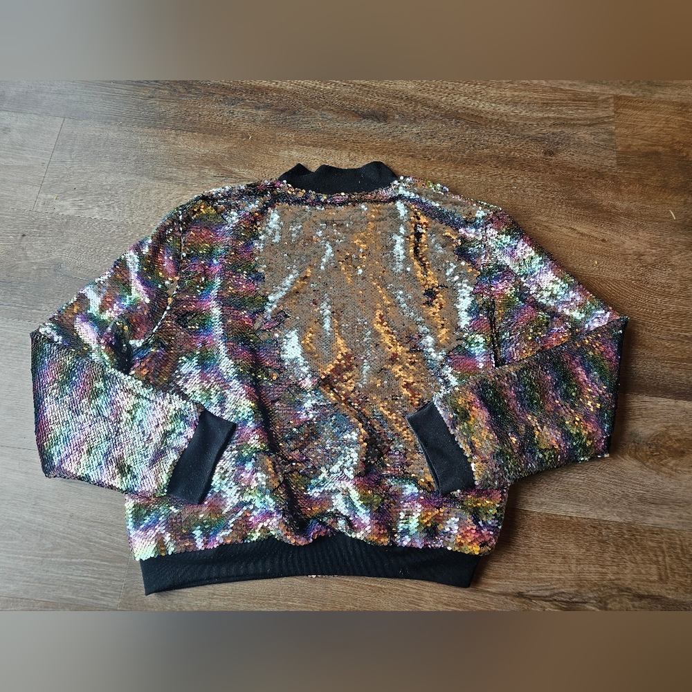 LULAROE ELEGANT STEVIE BOMBER JACKET size XL Rainbow Sequins Zipper Pocket - Picture 10 of 10